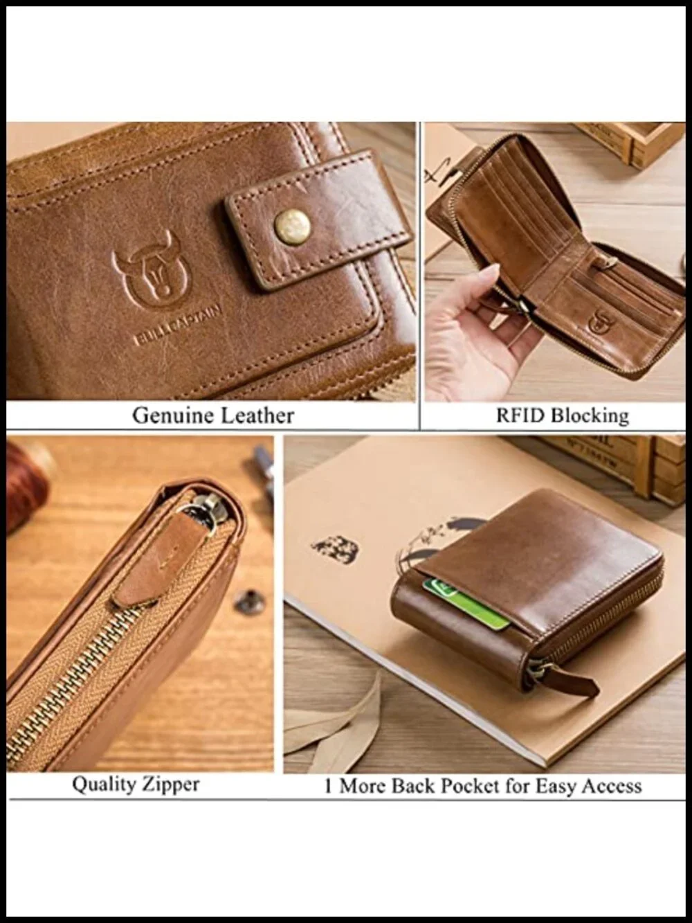 Genuine Leather Bifold Wallet with RFID Blocking, Zipper Coin Pocket